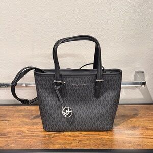 Michael Kors Black Signature MK Monogram Tote with Silver Charm